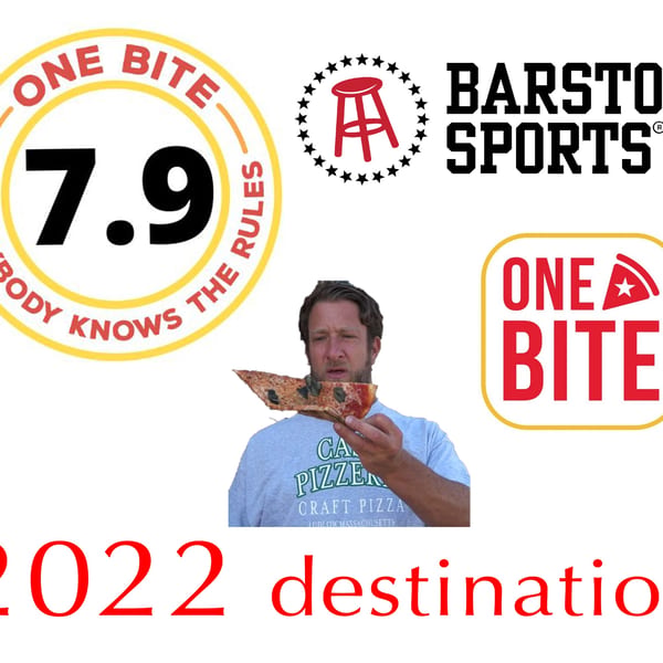 Man in a Casa Pizzeria shirt holding a pizza slice, with Barstool Sports and One Bite logos.
