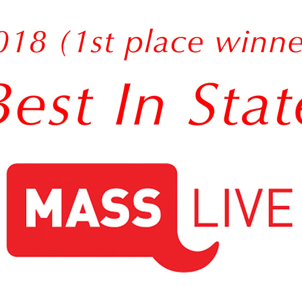 Red text on white background: "2018 (1st place winner) Best In State" and "MASS LIVE" logo.