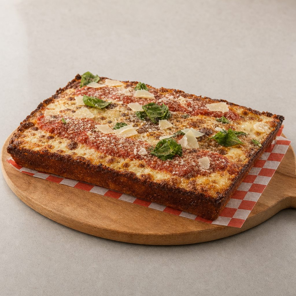 "Detroit" Style PAN Pizza (Caramelized Cheesy Crust).