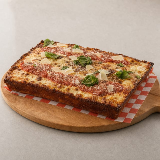 "Detroit" Style PAN Pizza (Caramelized Cheesy Crust).